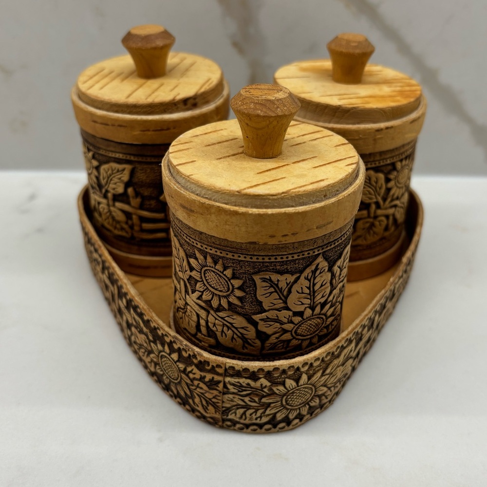Vintage Birch Wood Canister Set with Tray Rustic Sunflower Folk Art Russian